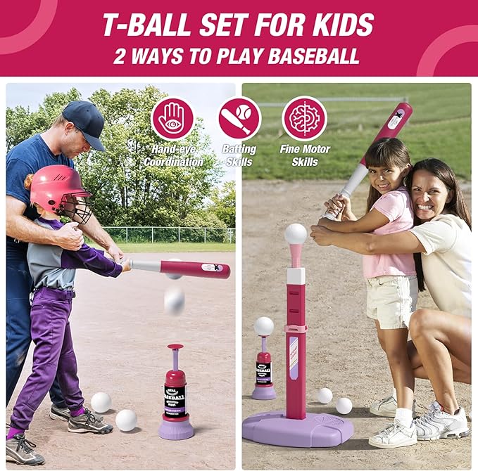 2 in 1 Kids Basketball Hoop and T Ball Set - Adjustable Height, Kids Baseball Tee with Automatic Pitching Machine, Indoor Outdoor Sport Toys Gifts for Toddler Boys Girls Age 1-5, Pink