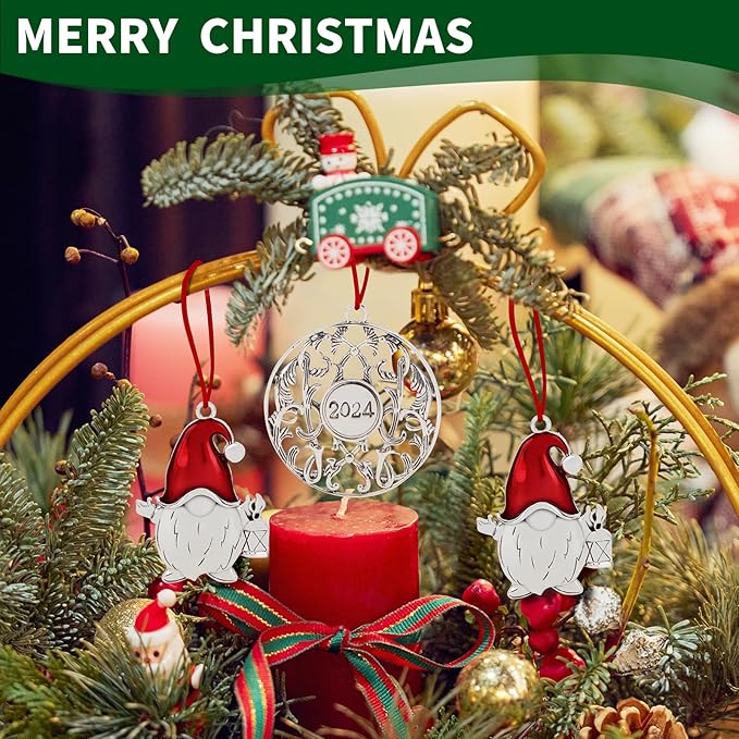 Metal Christmas Tree Ornaments - Pewter Plated Vintage Style Holiday Ornament with Hanging Cord