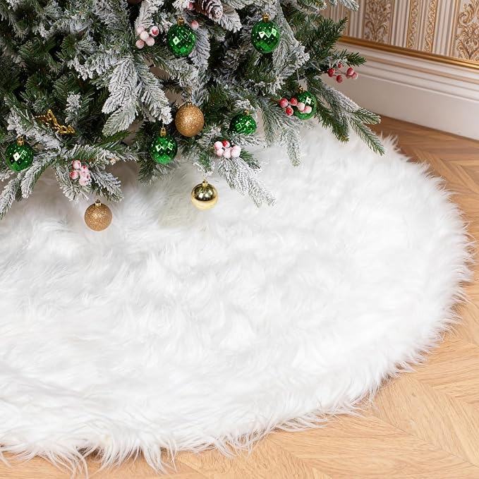 60 Inch White Faux Fur Christmas Tree Skirt with 4.5" Extra Long Pile– Ultra Plush Snow-Like Tree Collar for 6-9 Ft Trees