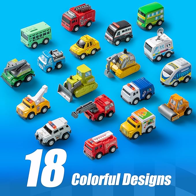 JOYIN 18 Pcs Pull Back City Cars and Trucks Toy Vehicles Set, Friction Powered Cars Toys for Toddlers, Boys, Girls’ Educational Play, Kids Stocking Stuffers, Easter Basket Stuffers