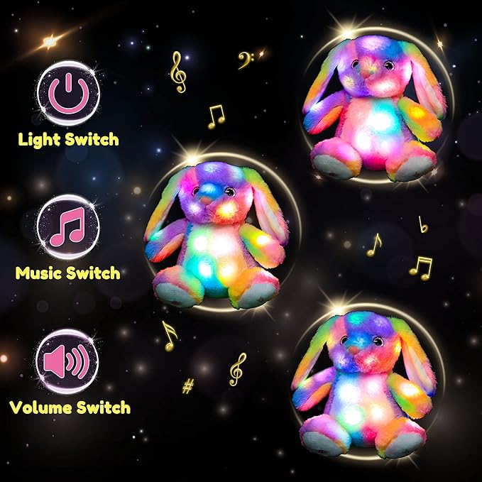 Hopearl LED Musical Stuffed Bunny Colorful Lighting Up Singing Plush Rabbit Adjustable Volume Lullaby Animated Soothe Birthday Festival for Kids Toddlers, 10''