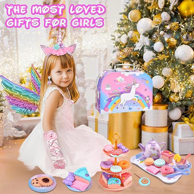 Tea Party Set for Little Girls: 63Pcs Pretend Play Toys, Unicorn Princess Dress Up Tea Time, Tin Tea Sets for Toddlers with Dessert, Carrying Case, Kids Kitchen Playset, Birthday Gift for Toddler Girl