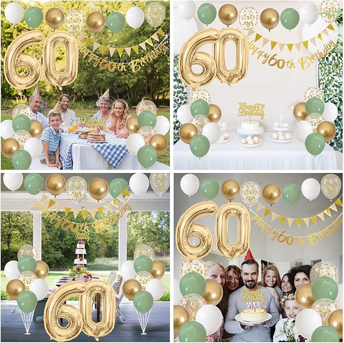 60th Birthday Decorations for Men Women, Sage Green White Gold Balloons With Happy 60th Banner, Cake Topper, Number 60 Foil Balloon for 60 Year Old Party Decoration