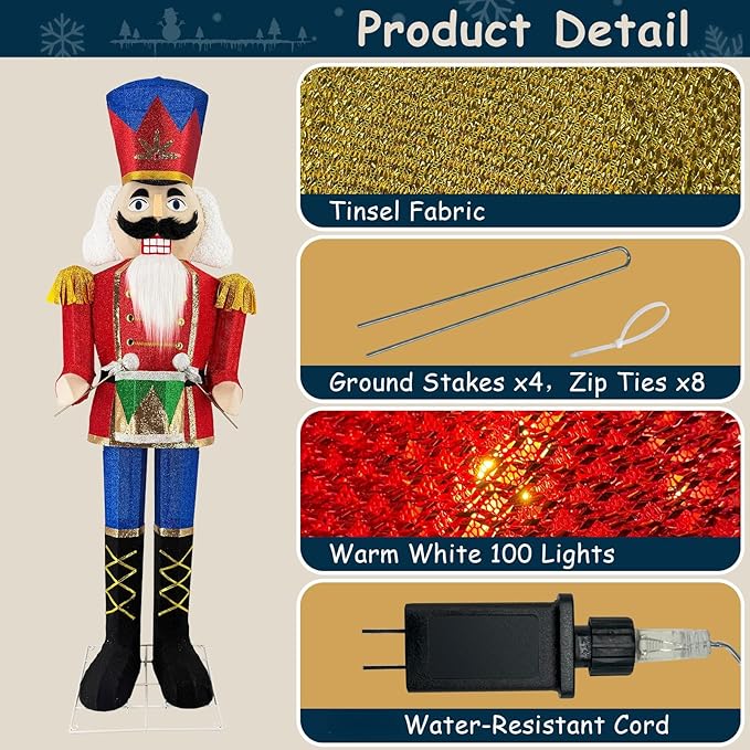 5FT Outdoor Christmas Lighted 3D Nutcracker with Drum,100 LEDs Lighted-up,Outdoor Lighted Holiday Displays with Stakes & Zip Ties for All-Weather Christmas Yard Decoration, Porch, Lawn