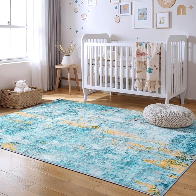 Ompaa Living Room Rug 5x7 Teal Blue Area Rug Machine Washable Boho Rug Non Slip Abstract Vintage Indoor Large Rugs for Bedroom, Classroom, College Dorm, Farmhouse, Dining Room, Kids Playroom