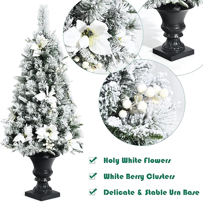Goplus 4ft Flocked White Christmas Tree for Entrances, Pre-lit Artificial Xmas Tree w/Warm White LED Lights, Flowers & White Berries in Black Urn Base, Porch Festival Holiday Decoration