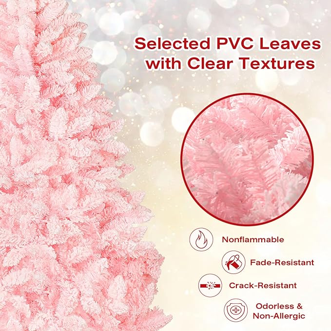 6ft Premium Hinged Artificial Holiday Christmas Tree for Home, Office, Party Decoration Snow Flocked Xmas Pine with 1,000 Branch Tips, Easy Assembly, Metal Hinges & Base (Pink)