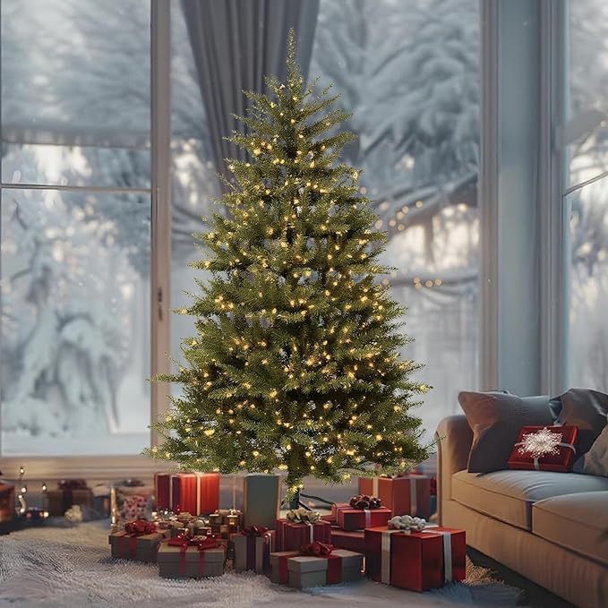 6.5FT Pre-Lit Artificial Christmas Tree with 650 White Lights,1227 Mixed PE&PVC Branch Tips,Green Full Downswept Douglas Fir Xmas Tree,Foldable Metal Base for Home, Party Holiday Décor