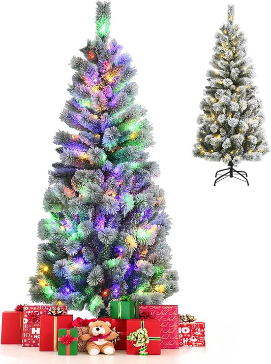 GOFLAME 5ft Snow Flocked Artificial Christmas Tree, Pre-lit Pine Tree w/ 9 Lighting Modes, 279 PVC Branch Tips & 140 Remote-Controlled Multi-Color LED Lights, Holiday Festival Decoration Tree