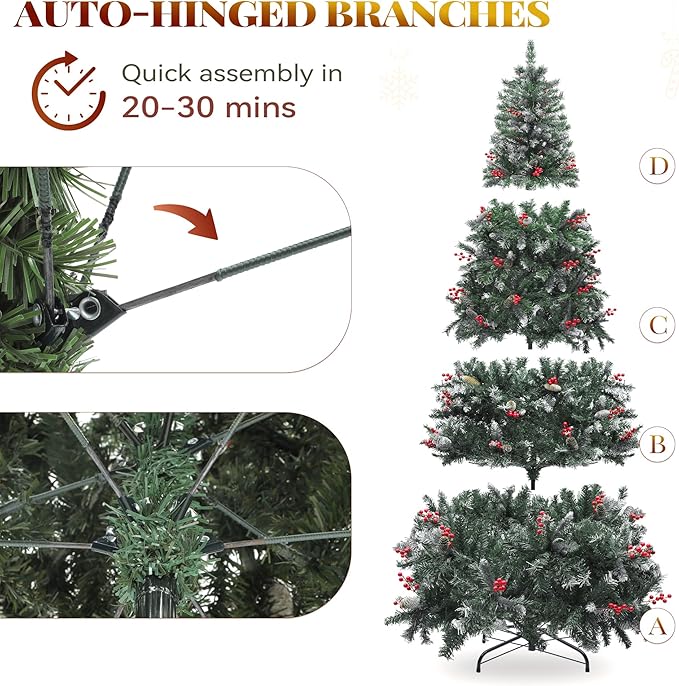 YITAHOME 7.5FT Prelit Christmas Tree with Remote, Artificial Hinged Pre-Decorated Christmas Tree with 82 Pine Cones & 82 Red Berries, Xmas Tree with 1398 Frosted Tips, 550 Lights
