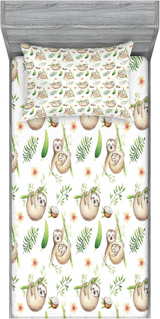 Ambesonne Sloth Fitted Sheet & Pillow Sham Set, Sloth and Mother Soft Colored Flowers Coconut Tree Leaves Happy Family, Decorative Printed 2 Piece Bedding Decor Set, Twinxl, Pale Brown Green