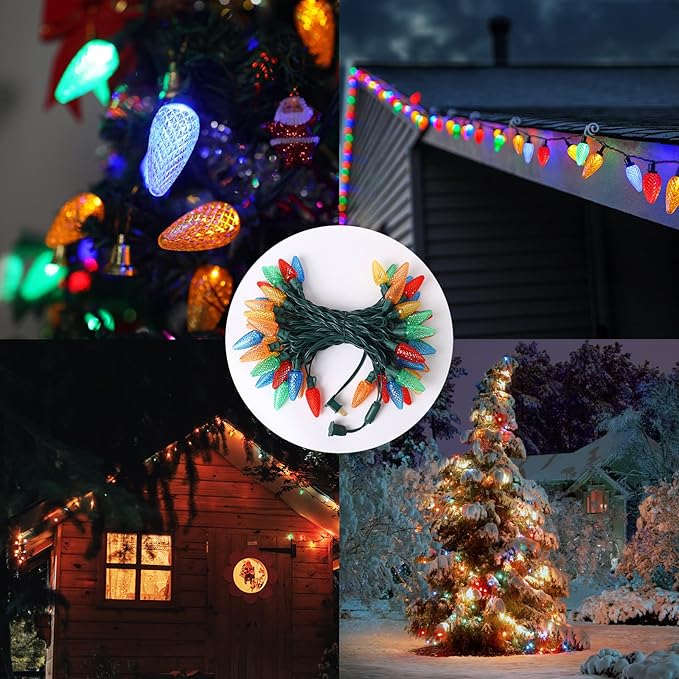 2-Set C9 LED Christmas String Lights, 33.3ft 50 LED Waterproof Decorative Light Strand, Extendable Green Wire String Lights for House, Christmas Tree, Patio, Party Decoration, Multicolor