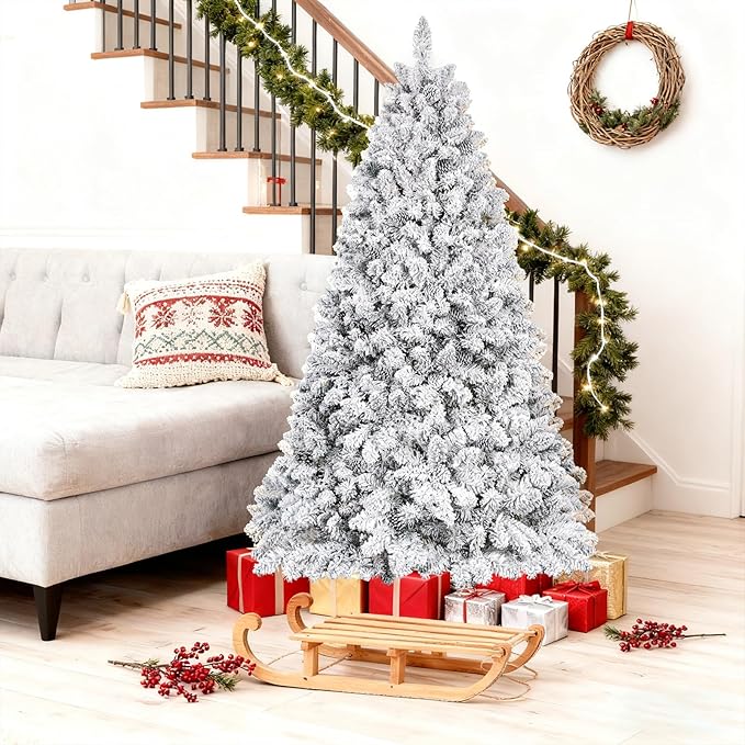 7ft Unlit Snow Flocked Christmas Tree, Artificial Christmas Tree with Pine Cones,1268 Branch Tips, Premium Spruce Full Xmas Tree for Easy Holiday Setup, Foldable Metal Base