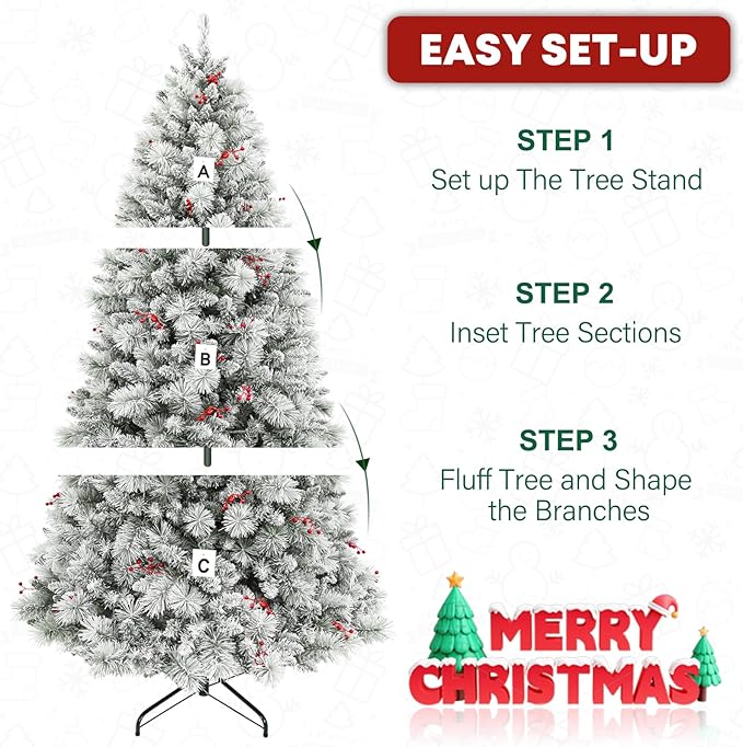 7.5ft Lighted Snow Flocked Christmas Tree, Artificial Christmas Tree with 450 Warm White LED Lights, 1446 Branch Tips, Hinged Design & Metal Stand for Holiday, Decor