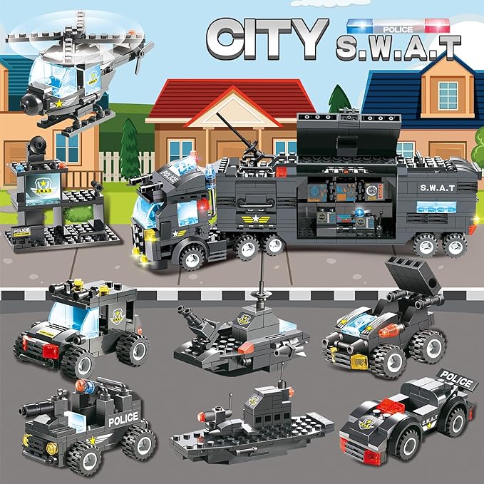 EP EXERCISE N PLAY 1110 PCS SWAT City Police Station Mobile Command Center Truck Car Building Blocks Set in 25 Different Models Police Cars, Helicopter, Boat, Toys Gift for Kids Boys Girls 6-12