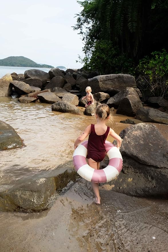 Petites-Pommes Pool Floats Kids for Toddlers - Durable Inner Tube, Handprinted Classic Striped Design Tire Tube Float, Soft Comfort Seaming, Packable Floats for Travel, Vintage Pink, 24 inch