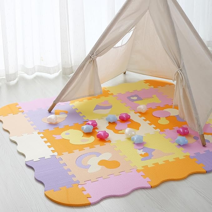 Foam Play Mat for Kids，25Pcs Square Interlocking Puzzle Floor Mat，Baby Play Mat Floor Mat Foam Puzzle Playmat for Toddlers with Fence（Comprehensive-CSH013