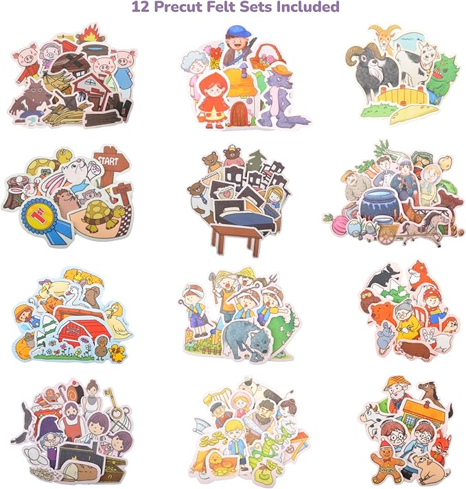 CHEFAN 12 Pack Felt Board Stories Set,Fairy-Tales Flannel Board Stories with a Foldable Board for Preschool Activities,Included Three Little Pigs,Little Red Riding Hood and The Mitten