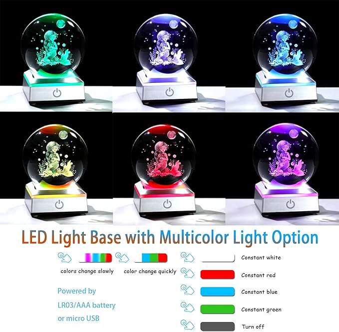 Ornalrist 3D Mermaid Crystal Ball Gifts for Women, Girls 3.15in with Colorful LED Light Base - Gifts for Kids on Birthday, Christmas, New Year - Mermaid Figurines Home Decor