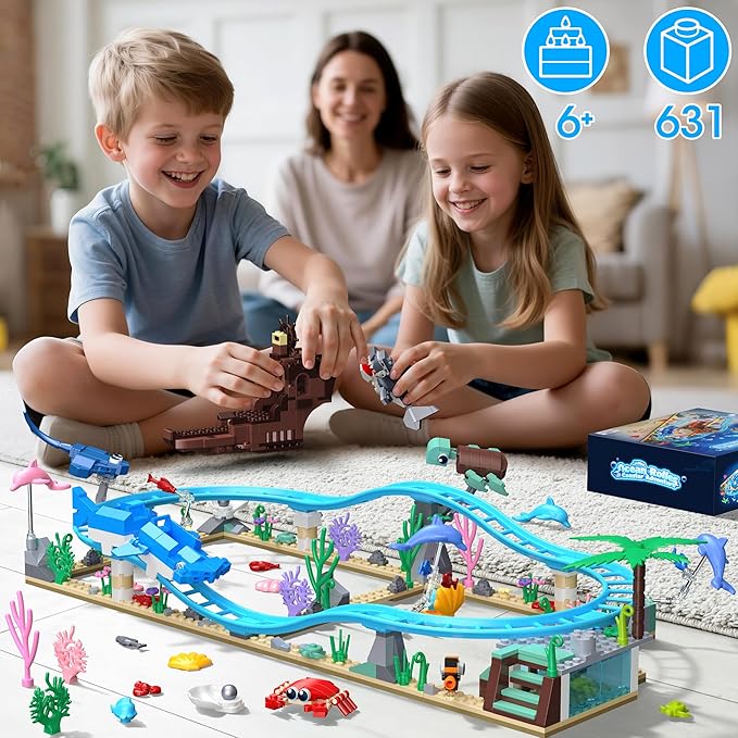 Ocean Roller Coaster Adventure Park Building Set, Friends Blocks Kit with Submarine & Dolphins Railcar Rollercoaster, Gift for Kids Birthday Children's Day Christmas