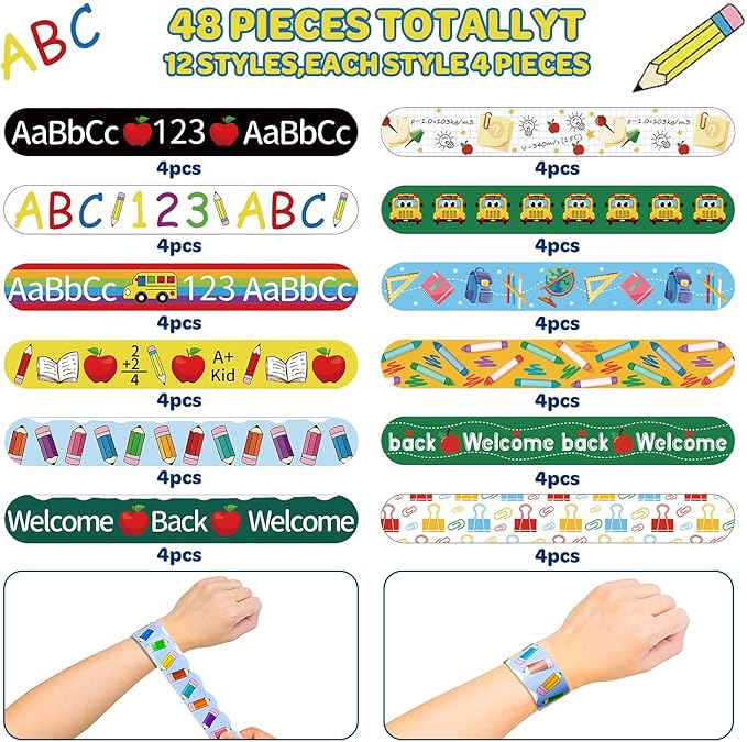 48 PcsWelcome Back to School Slap Bracelets First Day of School Favors Rewards School Opens Prize for Students Teens Semester Begins School Party Supplies Decorations