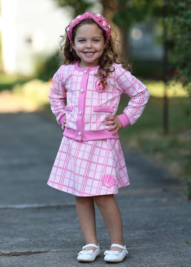 Disney Frozen Elsa Stitch Princess Moana Minnie Toddler Girl 2 Piece Outfit Kid Pearl Button Knit Top & Tweed Skirt Set 2-13Y