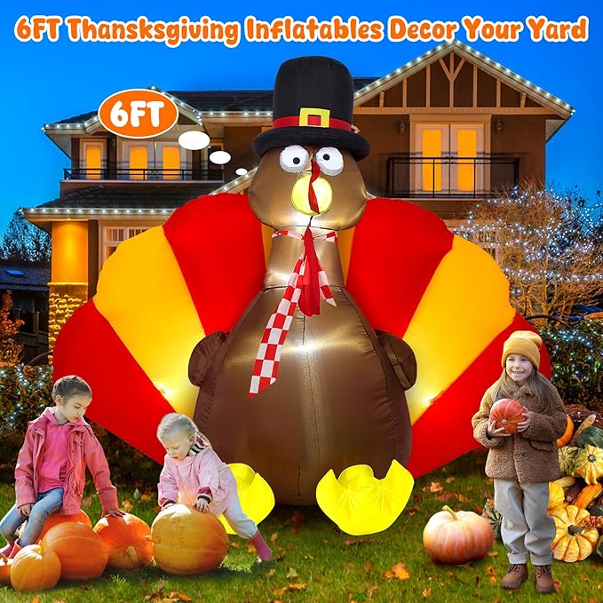 Sizonjoy Inflatable Turkey Decorations,6 Ft Thanksgiving Inflatables Outdoor Decorations with Built-in LED Lights & Fan Outdoor Thanksgiving Decor