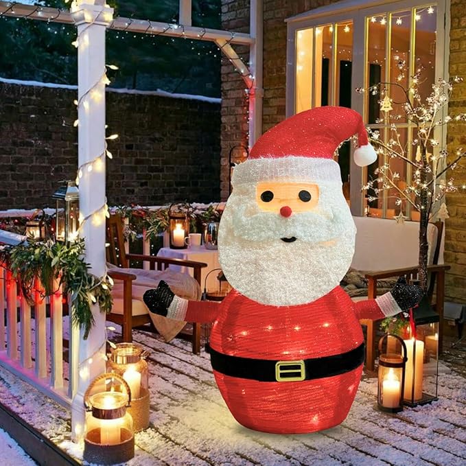Lighted Pop-UP Christams Santa Claus Decorations, 27 Inch Santa with 45 LED Lights, Battery Powered Collapsible Pre-lit Santa for Indoor Outdoor Christmas Decorations Garden Yard Xmas Decor, Timer