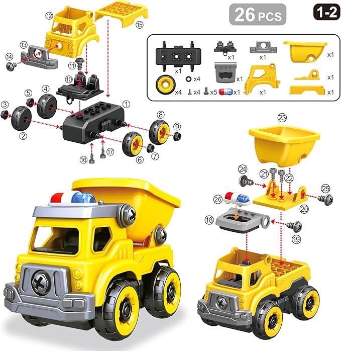 4-in-1 Take Apart Car Toys for Boys, DIY Engineering Construction Truck Toy Vehicle - Dump Truck, Cement Mixer, Excavator, Crane, Kids Building Educational Toy Gift for Age 3 4 5 6 7 8 Year Old Girls