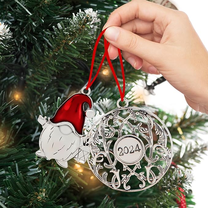 Metal Gnome Christmas Tree Ornaments 2025 - Pewter Plated Vintage Style Holiday Ornament with Hanging Cord
