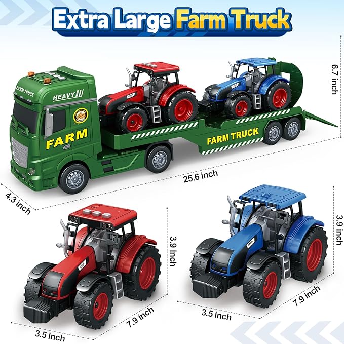 SpringFlower Toddler Boy Truck Toys, 25" Large Farm Vehicles with Tractors, 3 in 1 Farm Truck Boy Toy, Christmas & Birthday Gifts for Kids 3-6 Years Old