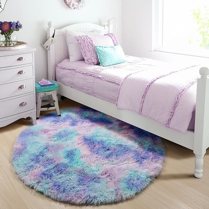 ONASAR Rainbow Round Area Rug 4ft, Soft Bedroom Circle Throw Rugs for Kids Girls Boys Teen Dorm Room, Fluffy Plush Shaggy Carpet Mats for Nursery Living Room Playroom Home Decor Princess Castle