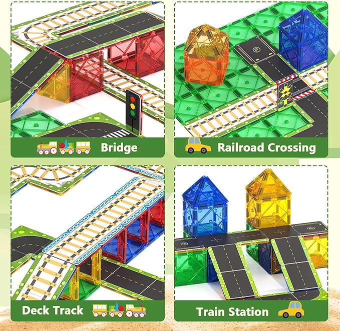 90PCS Magnetic Tile Road Toppers (Magnetic Tiles NOT Included) Kids Toys Magnetic Tile Accessories Creative Add-on Activity City Traffic Network Playset Sensory Play Toy Gifts for Kids Age 3 4 5 6 7