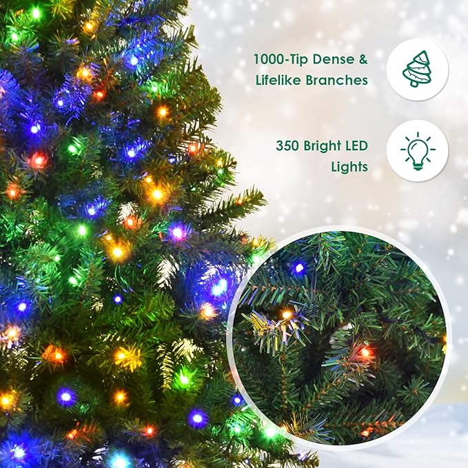 COSTWAY 6 FT Pre-lit Christmas Tree, Artificial Xmas Tree with 350 Warm White & Multicolored Lights, 11 Modes, 1000 Branch Tips, Metal Support, Holiday Decoration Fake Tree for Home, Office, Party