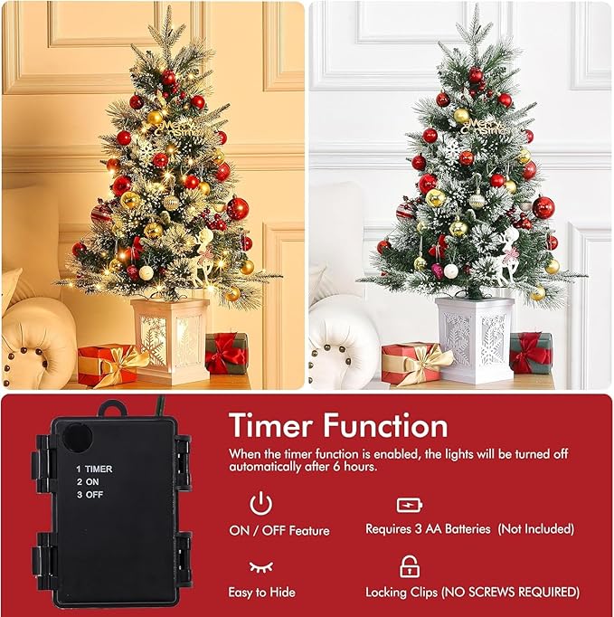 3 Ft Pre-Lit Christmas Tree, Artificial Christmas Tree with Base, Xmas Tree with Timer, Christmas Decoration for Home, Office, Easy Assembly, 2PCS