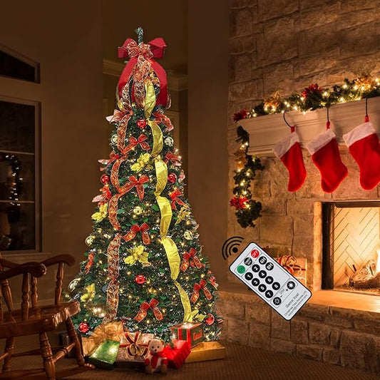 6.5FT Pop Up Christmas Tree with Lights and Decorations & Remote & Timer, Prelit Fully Decorated Pull Up Artificial Christmas Tree with Christmas Ball Ornaments Bows Ribbons for Christmas Party Decor