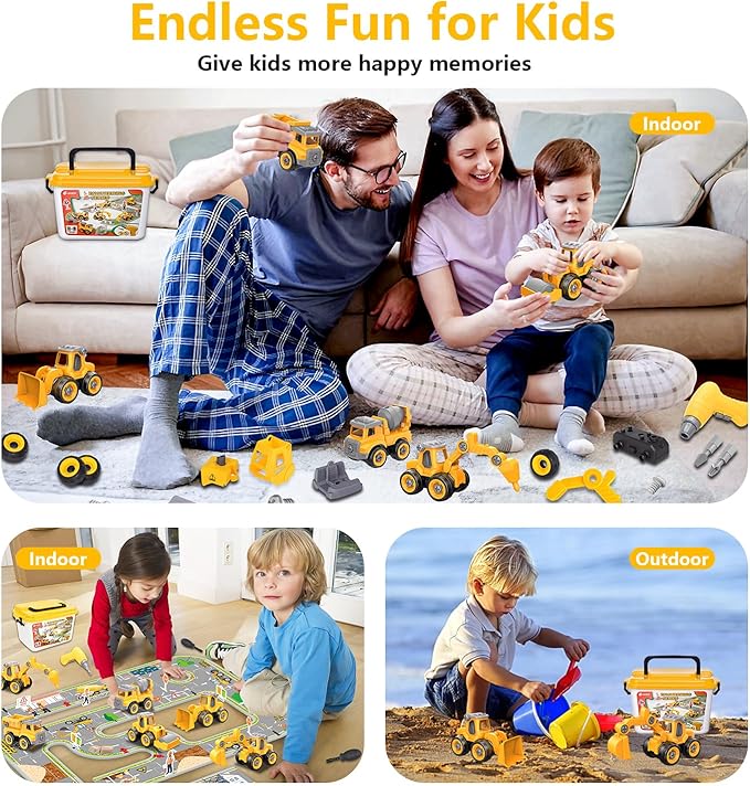 Take Apart Construction Truck Toys for Kids Ages 3-8 | STEM Learning Building Kit with Electric Drill Tool & Puzzle Play | Educational Engineering Toys Gift for Boys Girls Toddlers (Birthday, Holiday)