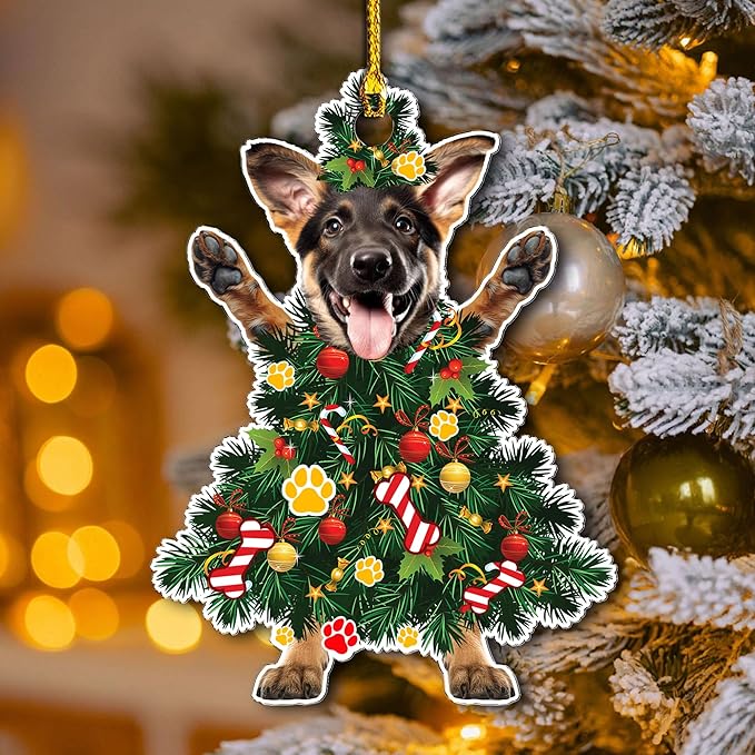 2025 German Shepherd Dog Christmas Ornament - Adorable Dog Dressed as a Christmas Tree - Fun and Festive Acrylic Decoration