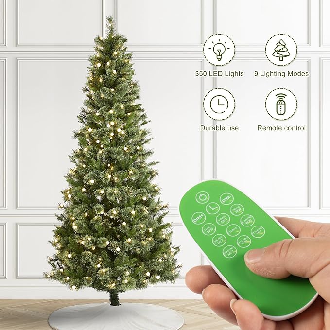 Glitzhome Prelit Christmas Tree, 7.5ft Artificial Green Christmas Tree Charming Cashmere Slim Pine with 350 Warm White and Multi-Color Globe LED Lights, 9 Function w/Foot Pedal and Remote Control