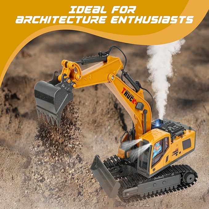 Remote Control Excavator Toys for Ages 6-12 Boys, 13 Channel RC Excavator Construction Toys with Metal Shovel, Spray, Lighting, Sounds, Birthday Gifts for Kids 5-7 8 9 10 11 Year Old