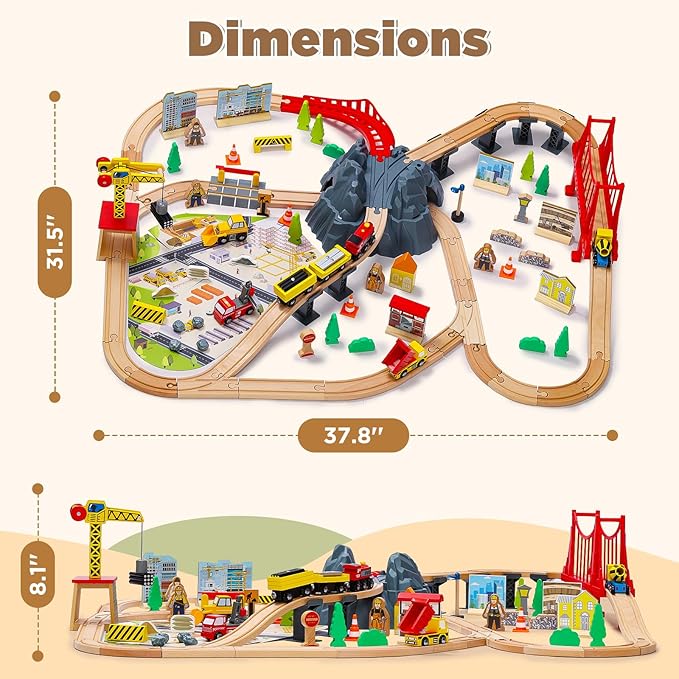 SainSmart Jr. 112PCS Wooden Train Set - Construction Theme Toy Train for Toddler, Train Tracks Compatible with All Major Brands, Ideal Railway Playset for Boys and Girls Idea