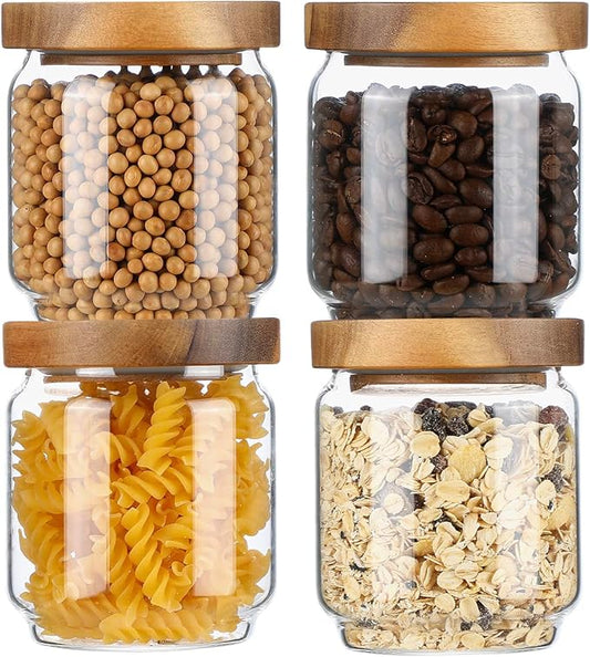 Glass Storage Containers Set of 4, 15 FL OZ High Borosilicate Glass Jars Kitchen Food Canisters with Acacia Wood Lids for Coffee Beans/Sugar/Tea/Nuts