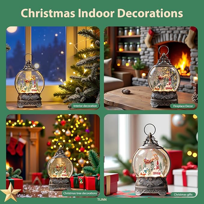 12.1" Snow Globe Lights, Santa Sleigh Car Flying Scene, Musical Flashing Water Lights, USB and Battery Powered Christmas Decoration Gifts