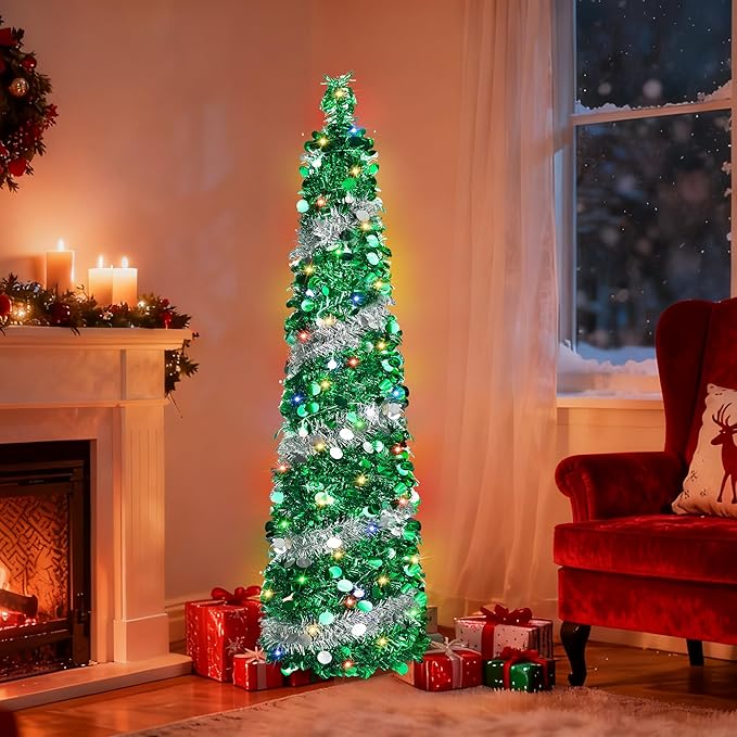 5FT Pop Up Christmas Tree with 90 LED Lights, Collapsible Artificial Pencil Christmas Tree, Tinsel Skinny Christmas Trees for Home Apartment Porch Indoor Outdoor Holiday Decorations