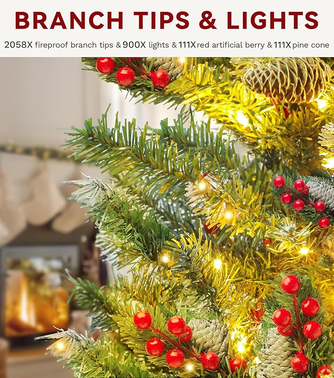 DWVO 9FT Pre-lit Christmas Tree, Pre-Decorated Artificial Christmas Trees for Home, Office, Party with with 2058 Flocked Frosted Tips & 900 UL Listed Lights, Pine Cones, Berries