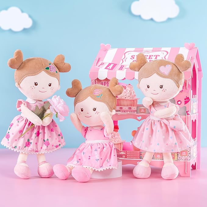 Onetoo First Baby Dolls Plush Rag Doll Soft Baby Toy Girls Sleeping Cuddle Buddy Doll Wear Pink Dress 14"