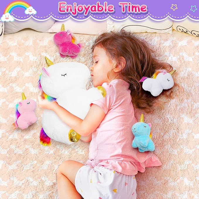 KMUYSL Toys for Girls Ages 0 1 2 3 4 5 6 7 8+ Years - Unicorn Mommy Stuffed Animal with 4 Baby Unicorns in Her Tummy, Soft Unicorn Plush Toys Set, Christmas Birthday Gifts for Baby, Toddler, Kids