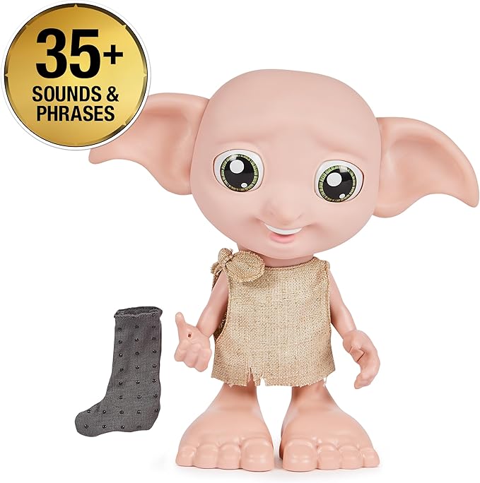 Wizarding World - 8.5" Harry Potter Elf Dobby Interactive Doll with Stocking and 30+ Sounds and Phrases - Harry Potter Gifts - Toys Kids 6+