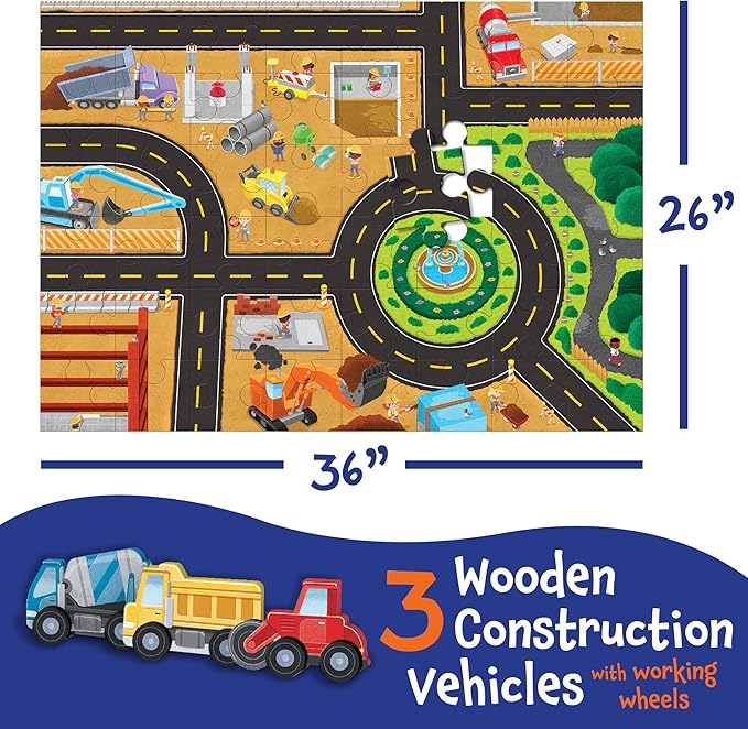 Peaceable Kingdom Puzzle and Play: Construction Site – 48-Piece Puzzle Includes 3 Wooden Construction Vehicles — Great for Home or Classroom Use — for Kids Ages 3 & Up