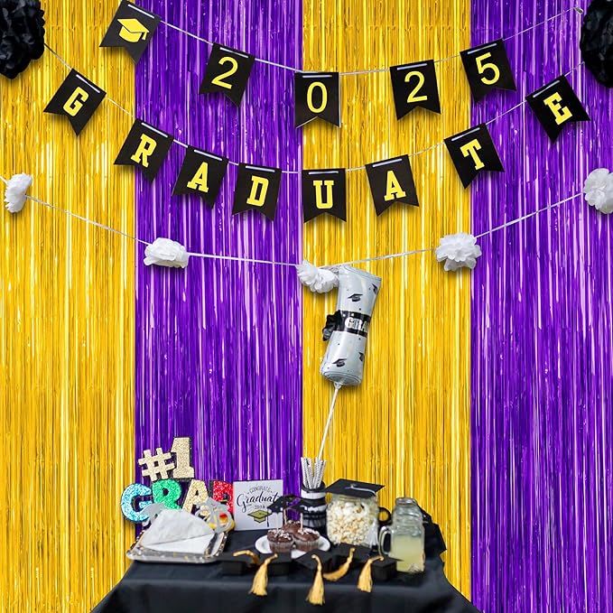 2 Pack Graduation Backdrop, 3.28 FT x 7.05 FT Grad Party Decorations 2025, Purple Gold Backdrop Foil Fringe Curtains, Metallic Purple and Gold Graduation Decorations Class of 2025 Decor